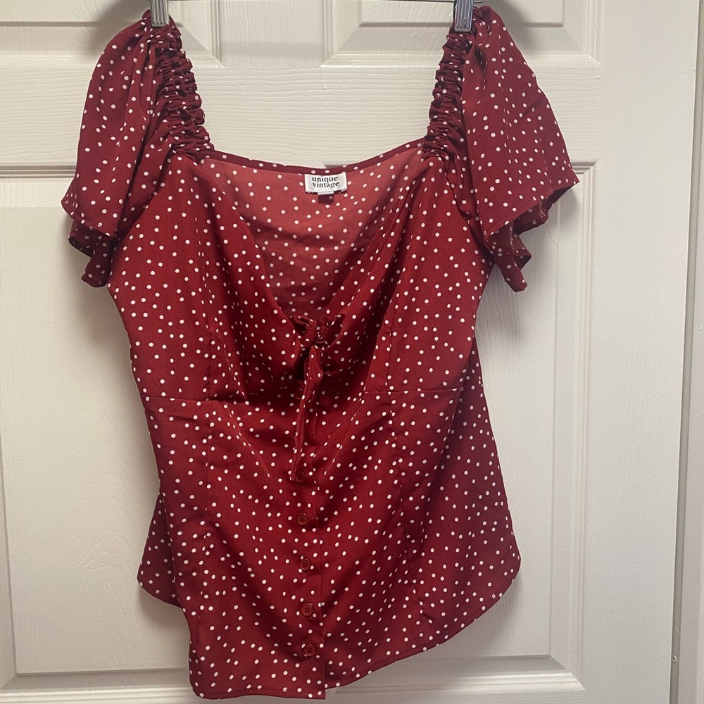 Unique Vintage Tops dark red Polka Dot Top